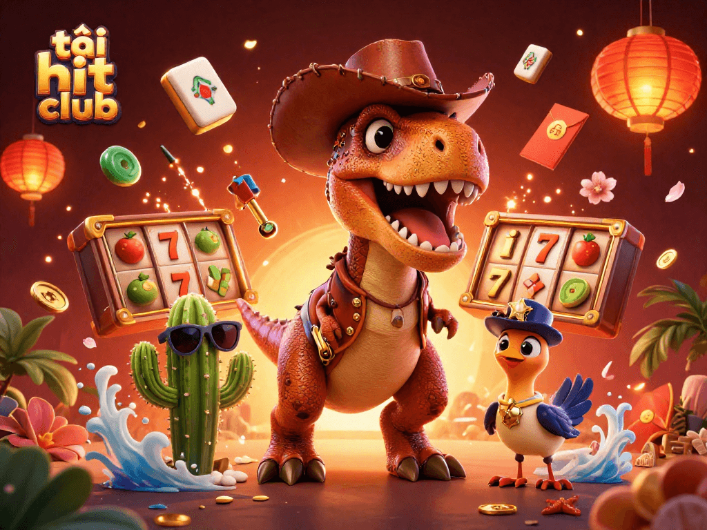 Engage with excitement at tải hit club, featuring vibrant characters in a lively casino scene filled with slot reels.