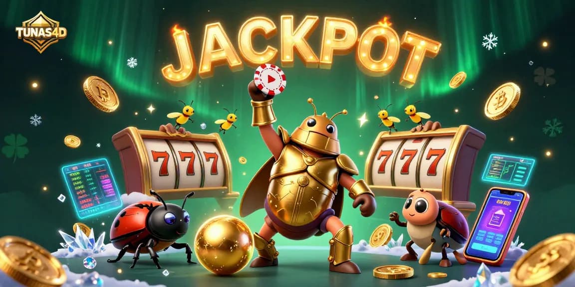 TUNAS4D features a heroic beetle in golden armor celebrating a jackpot win amid vibrant casino symbols.