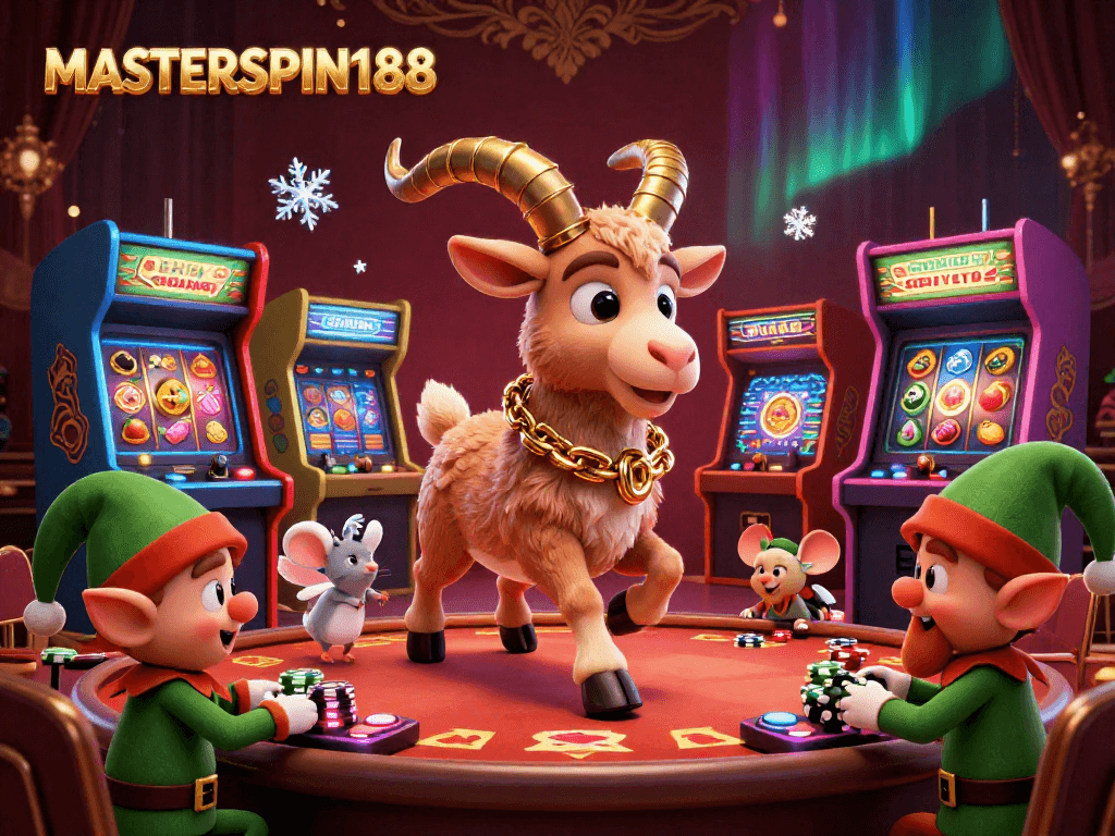Experience the excitement of MASTERSPIN188 as playful characters engage in a lively casino scene filled with festive fun.