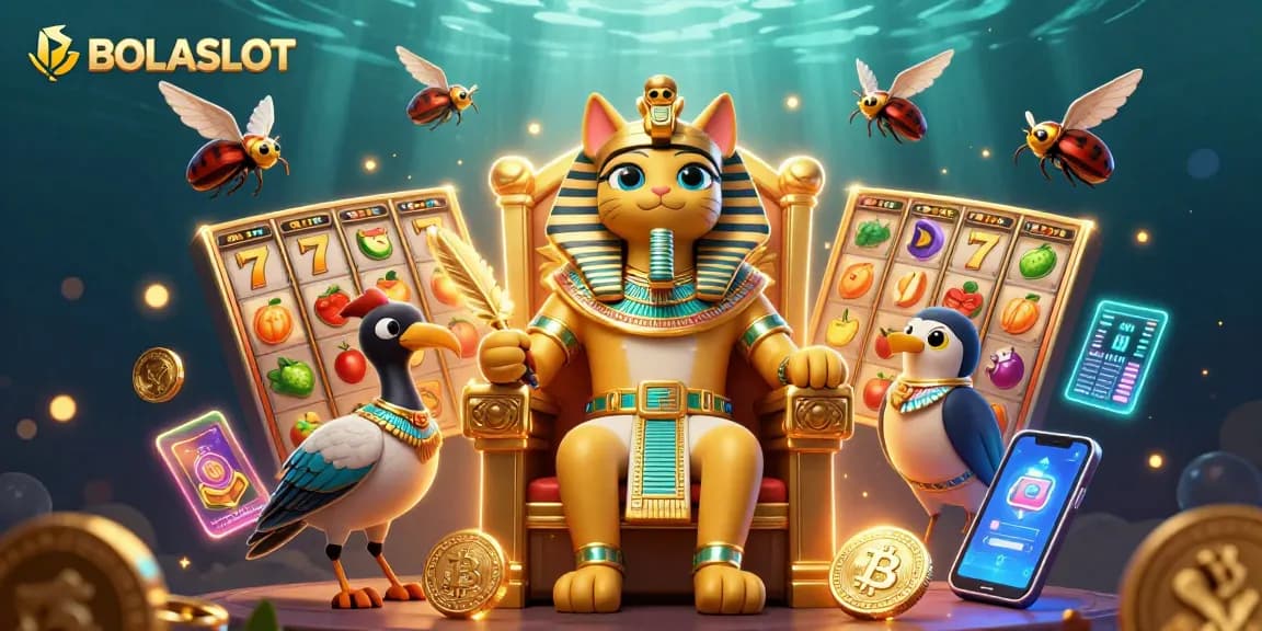Experience the thrill of BOLASLOT with a vibrant 3D illustration featuring Egyptian-themed gaming elements.