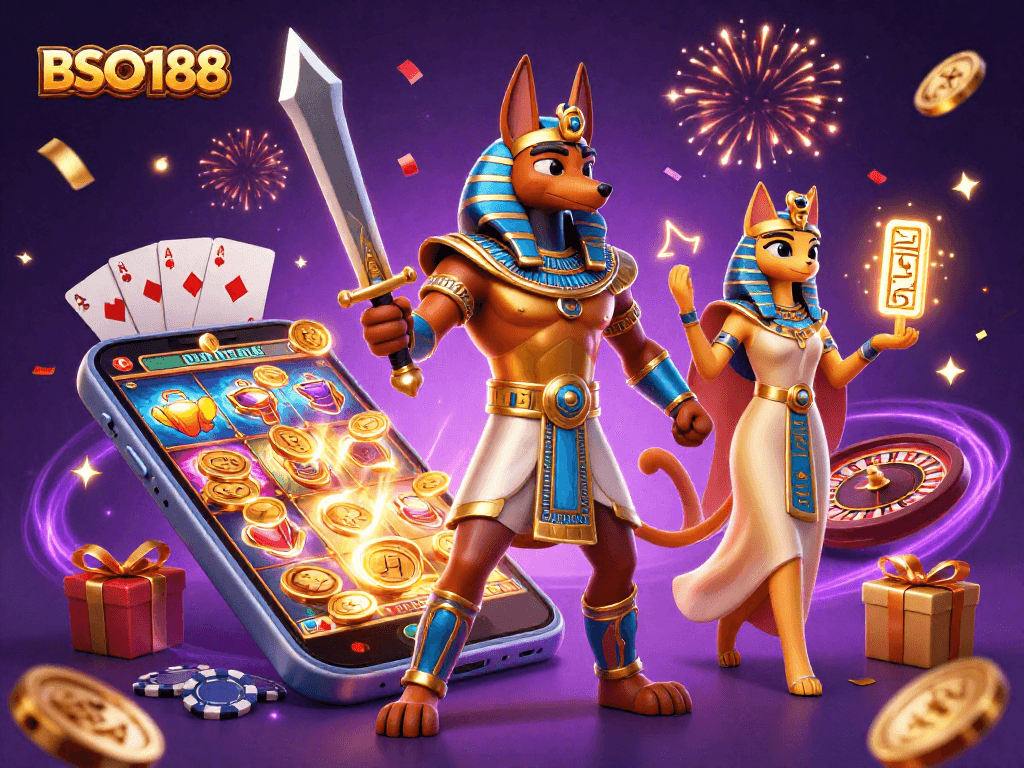 Experience the thrill of BSO188 through this vibrant 3D illustration of ancient characters amidst dynamic casino elements.