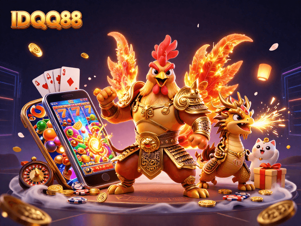 Engage in exciting gameplay at IDQQ88 with the dynamic fighting rooster and dragon amidst vibrant slot game reels