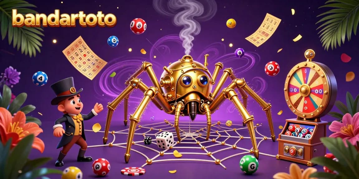 Engage with bandartoto's vibrant gaming scene featuring a steampunk spider and lively lottery elements.