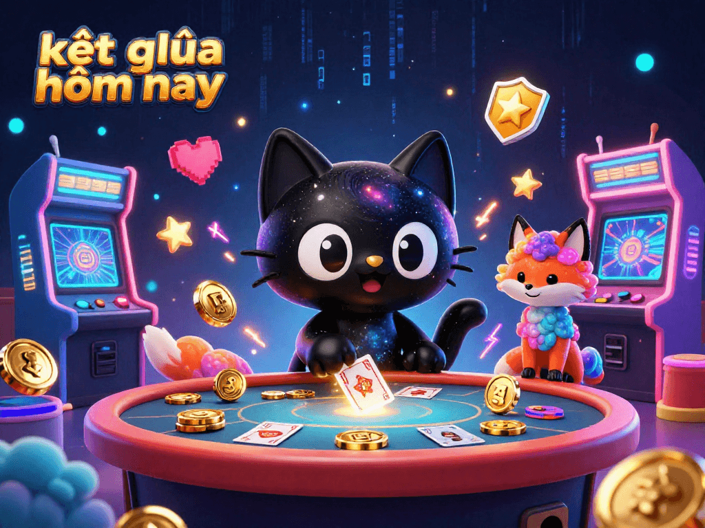 Experience the exciting "kết quả hôm nay" as cosmic characters attract golden chips in a vibrant casino scene.