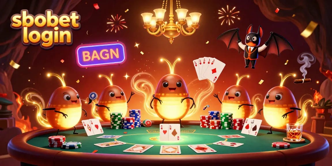 Experience thrilling sbobet login action in a vibrant cave casino lit by glowworms and featuring rich poker gameplay elements.