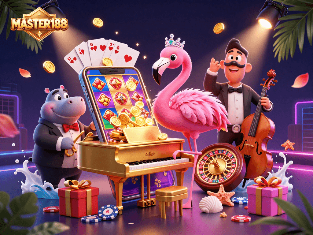 Experience the excitement of MASTER188 with vibrant casino elements, animated characters, and rich details.