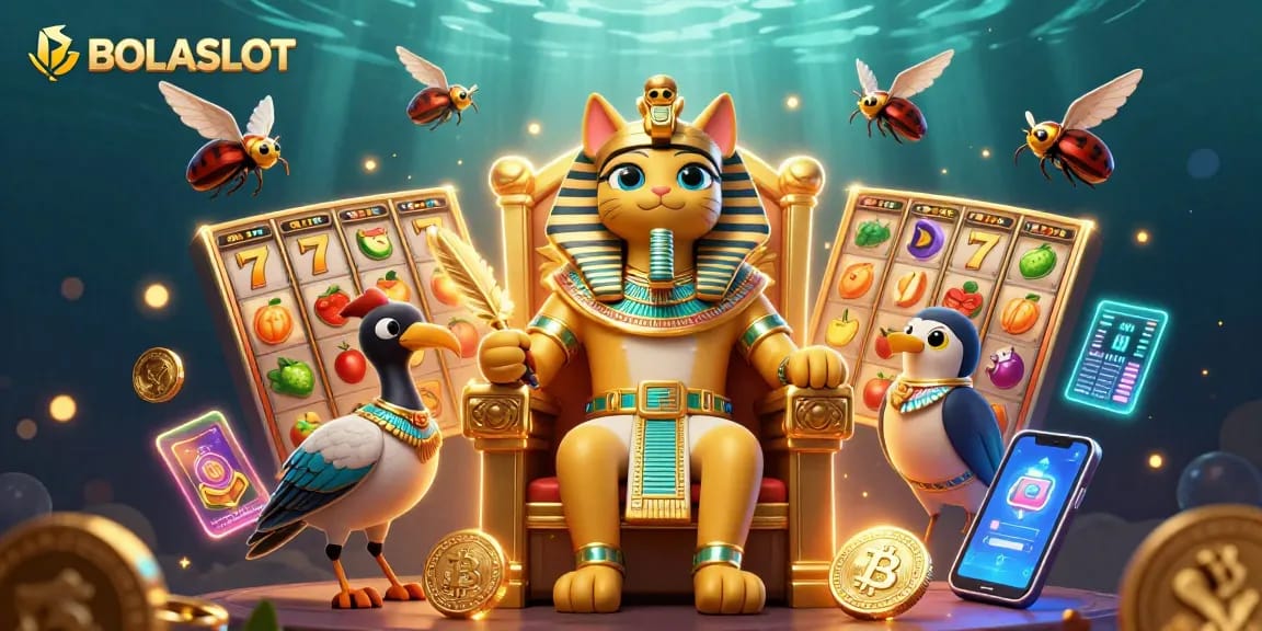 Experience the thrill of BOLASLOT with a vibrant 3D illustration featuring Egyptian-themed gaming elements.